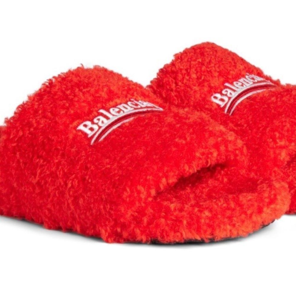 BALENCIAGA FURRY OPEN MULE Logo Slides Fur Shoes Flats Pool